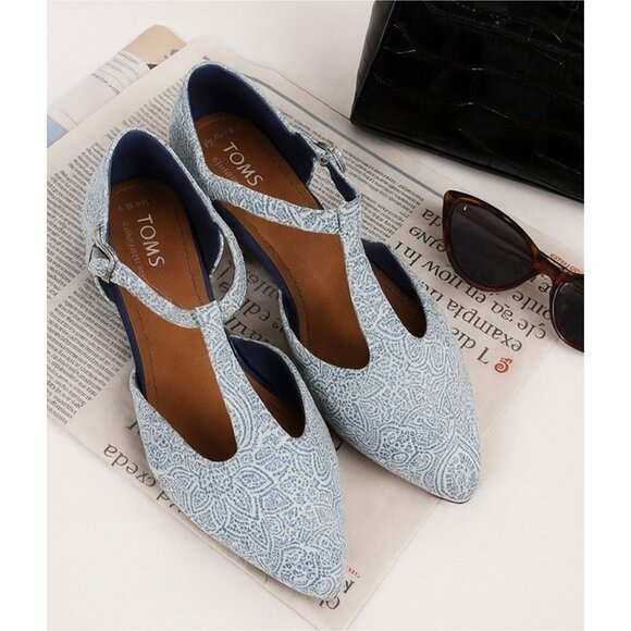 TOMS Jutti T-Strap Flats Blue Tiles Mosaic Tapestry Pattern Comfort Shoes 8.5W - Picture 1 of 11